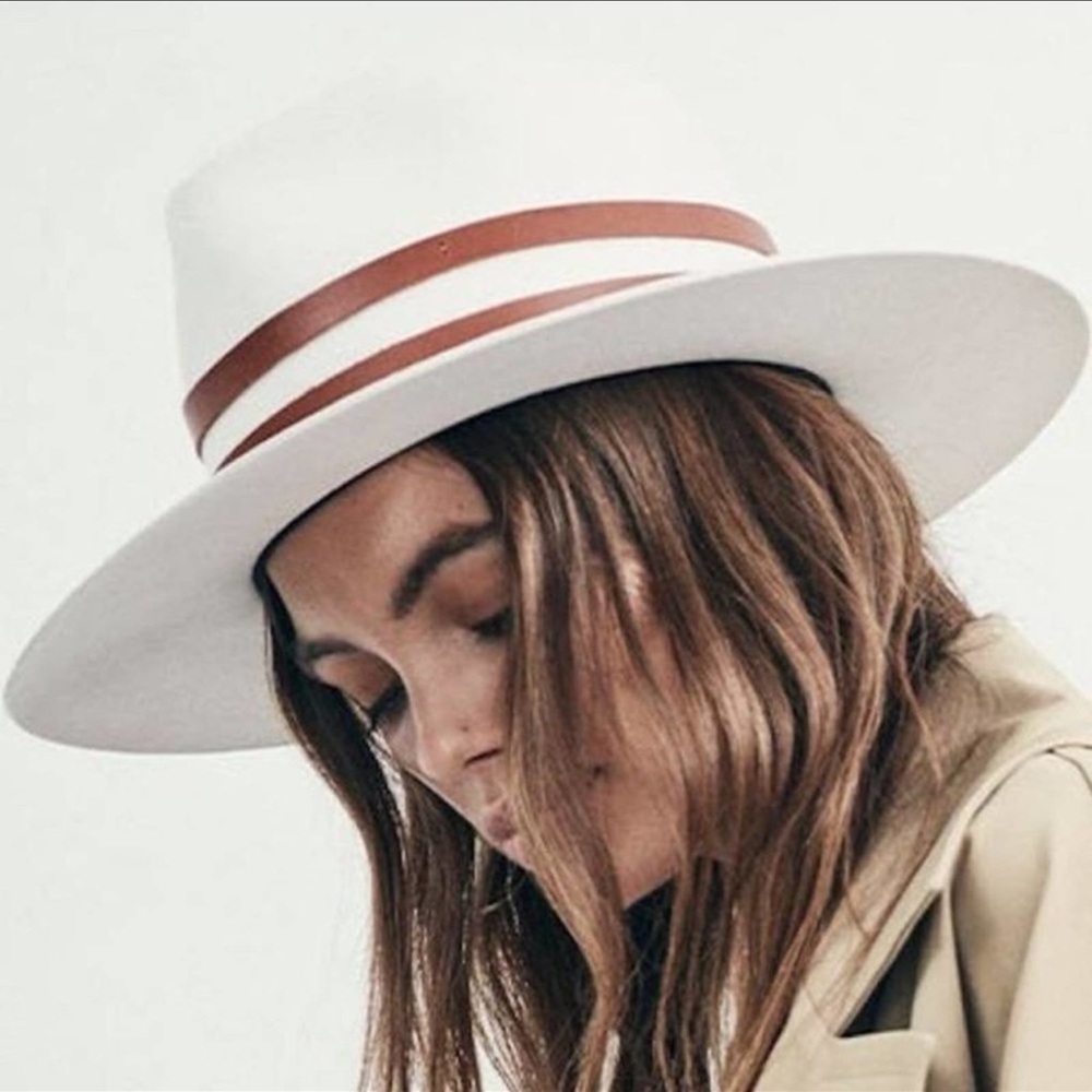 Janessa Leone White Wool Fedora with Tan Band